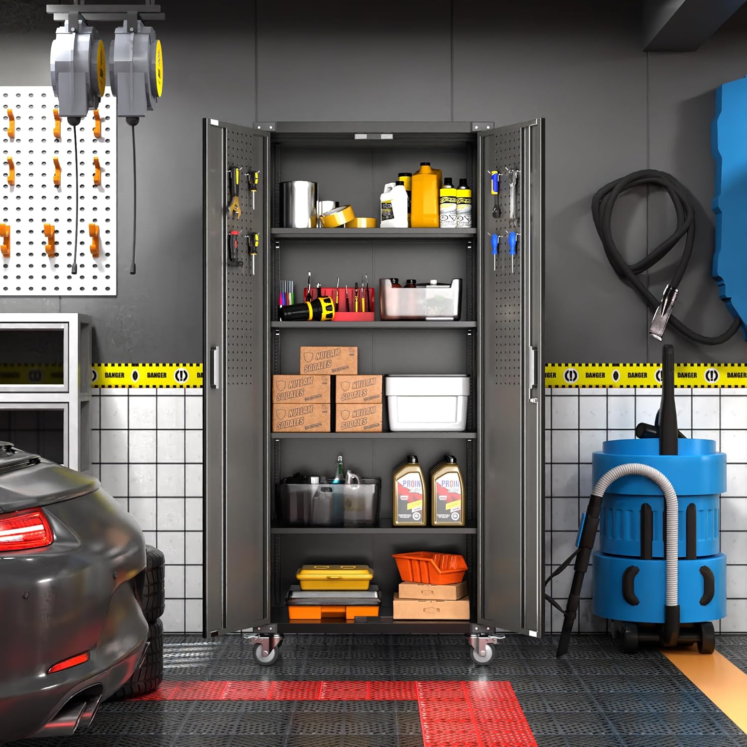 Metal Garage Storage Cabinet with Wheels & Pegboard,72In Lockable Steel Storage Cabinets with 2 Doors&4 Adjustable Shelves for Garage&Home,Assembly Required,Black