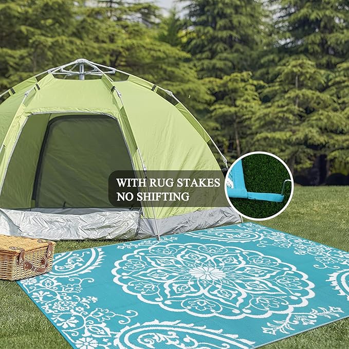 Pauwer Waterproof Outdoor Rug 5x8, Reversible Plastic Straw Patio Camping Rug, Indoor Outdoor RV Mat Carpet for Deck, Camper, Porch, Balcony, Backyard, Picnic, Boho Teal