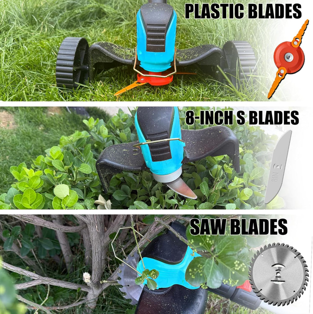 Electric Weed Wacker Cordless Eater Battery Powered,21V/4.0Ah Lightweight No-String Weed Trimmer with 2 Battery Operated& Wheels,3 in 1 Stringless Grass Trimmer/Edger/Brush Cutter for Garden Yard Lawn