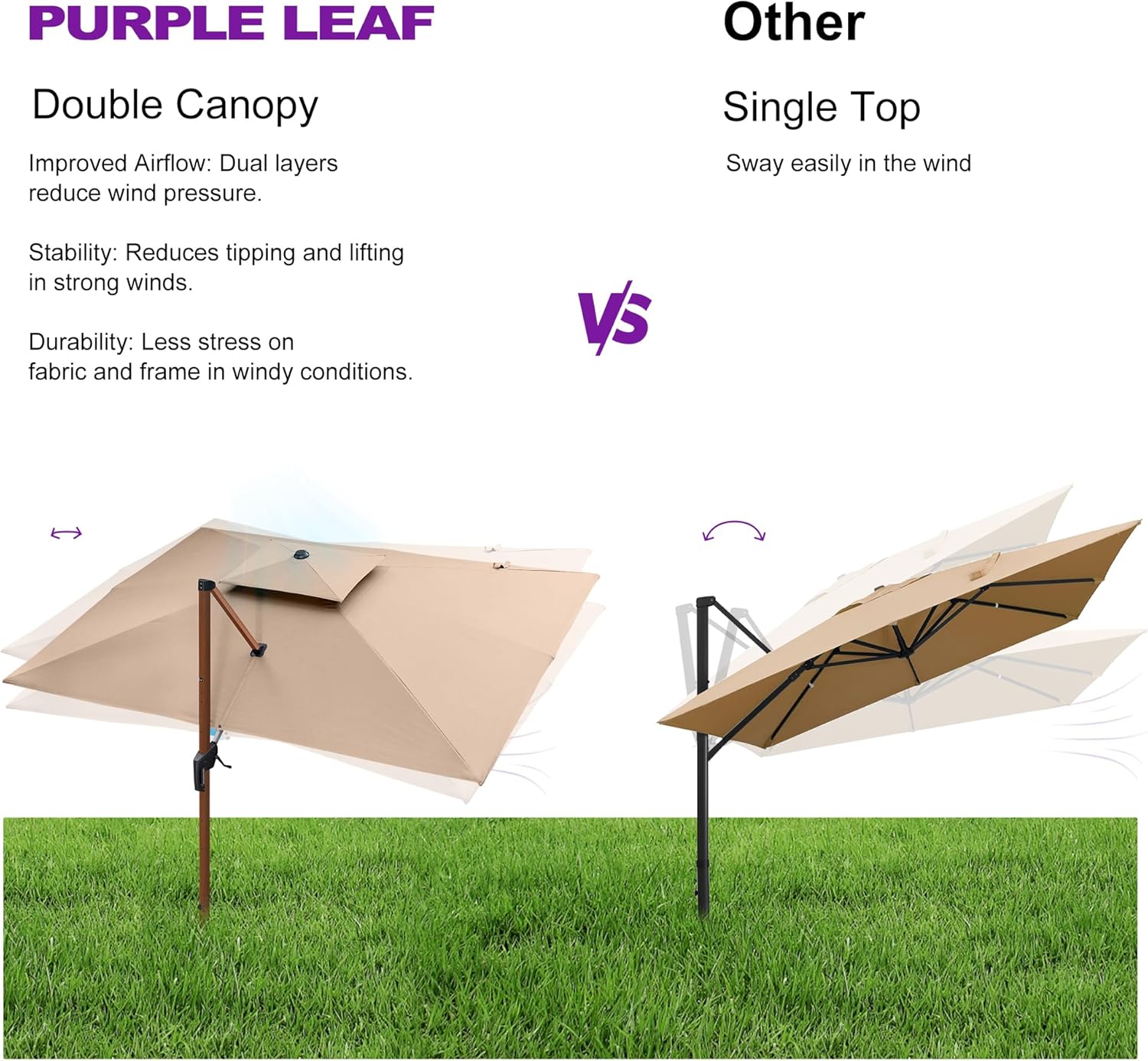 PURPLE LEAF 10' X 13' Double Top Deluxe Wood Pattern Rectangle Patio Umbrella Offset Hanging Umbrella Outdoor Market Umbrella Garden Umbrella, Beige
