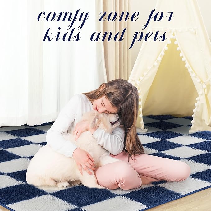 Super Soft Rug for Bedroom, 5x7 ft Blue and White Area Rug Classic Checkered Shaggy Anti-Skid High Pile Soft Fluffy Rug Fuzzy Carpet for Living Room Bedroom Kids Room Nursery, Dorm