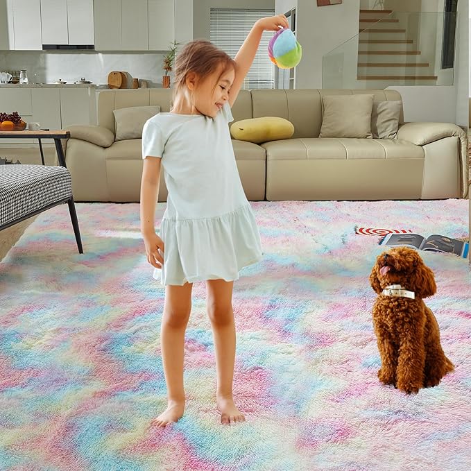 Ultra Soft Rug for Living Room, 5X8 Fluffy Shag Area Rug for Bedroom, Modern Shaggy Carpets Fuzzy Rug for Teens Dorm Nursery Home Decor Aesthetic, Upgrade Anti-Skid Durable, Rainbow