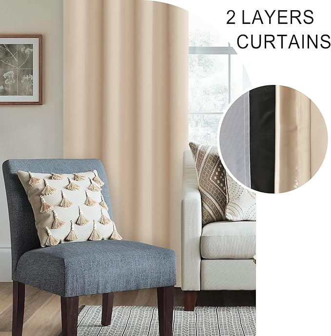 XWZO 100% Blackout Curtains 2 Panels Set, Rod Pocket Thermal Insulated Black Liner, Noise Reducing and Heat Blocking Drapes for Bedroom and Studio Windows with Tiebacks, Biscotti Beige, W70 x L63