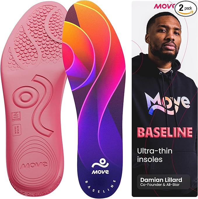 MOVE Baseline - All-Purpose Insoles - Sock Liner - Ultra Thin Shock Absorption - Maximum Freedom of Movement and Energy Return for Cleats, Shoes, Running, Basketball, Baseball (M5-5.5/WM6.5-7)