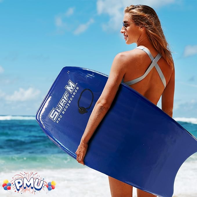 PMU 33 Inch Blue Bodyboard - Lightweight Wrist Leash, Slick Bottom Boards for Beach, Sea & Pool - Surfing Board for Kids, Teens & Adults Wave Conditions Pkg/1