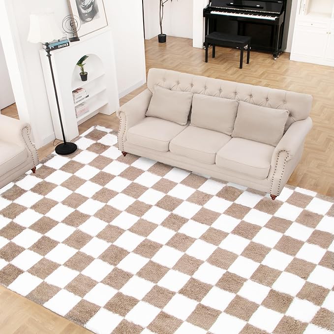 Super Soft Rug for Bedroom, 6x9 Ft Beige and White Area Rug Classic Checkered Shaggy Anti-Skid High Pile Soft Fluffy Rug Fuzzy Carpet for Living Room Bedroom Kids Room Nursery, Dorm Home Decor
