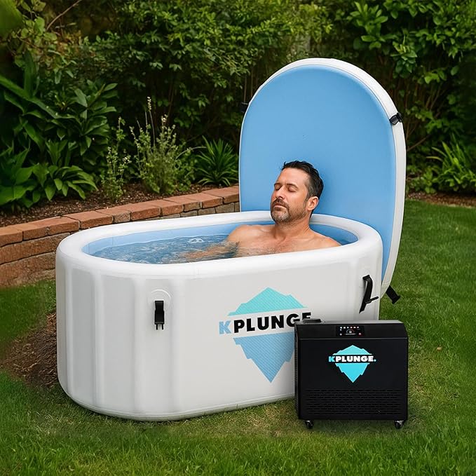 Kodiak 59" 1-Person Inflatable Cold Plunge Ice Bath or Hot Tub with 3/4 HP Chiller and Heater, PVC Insulated Lid, Hand Pump, Repair Kit, 110-Gallon Capacity, Indoor/Outdoor Tub – Gray