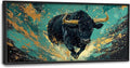 Large Bison Buffalo Wall Art for Living Room, Framed Oversized Bull Wall Decor, Abstract Teal and Golden Canvas Painting Modern Artwork for Living Room Bedroom Office Dining Room 60"x30"