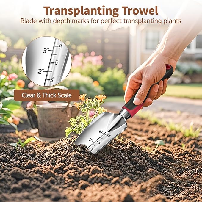 LASZOLA 3 Piece Garden Tool Set Include Hand Trowel Rake and Transplant Shovel for Women, Indoor Heavy Duty Small Spade Kit with Ergonomic Handle to Weed and Loosen, for Mom and Plant Beginner, Red