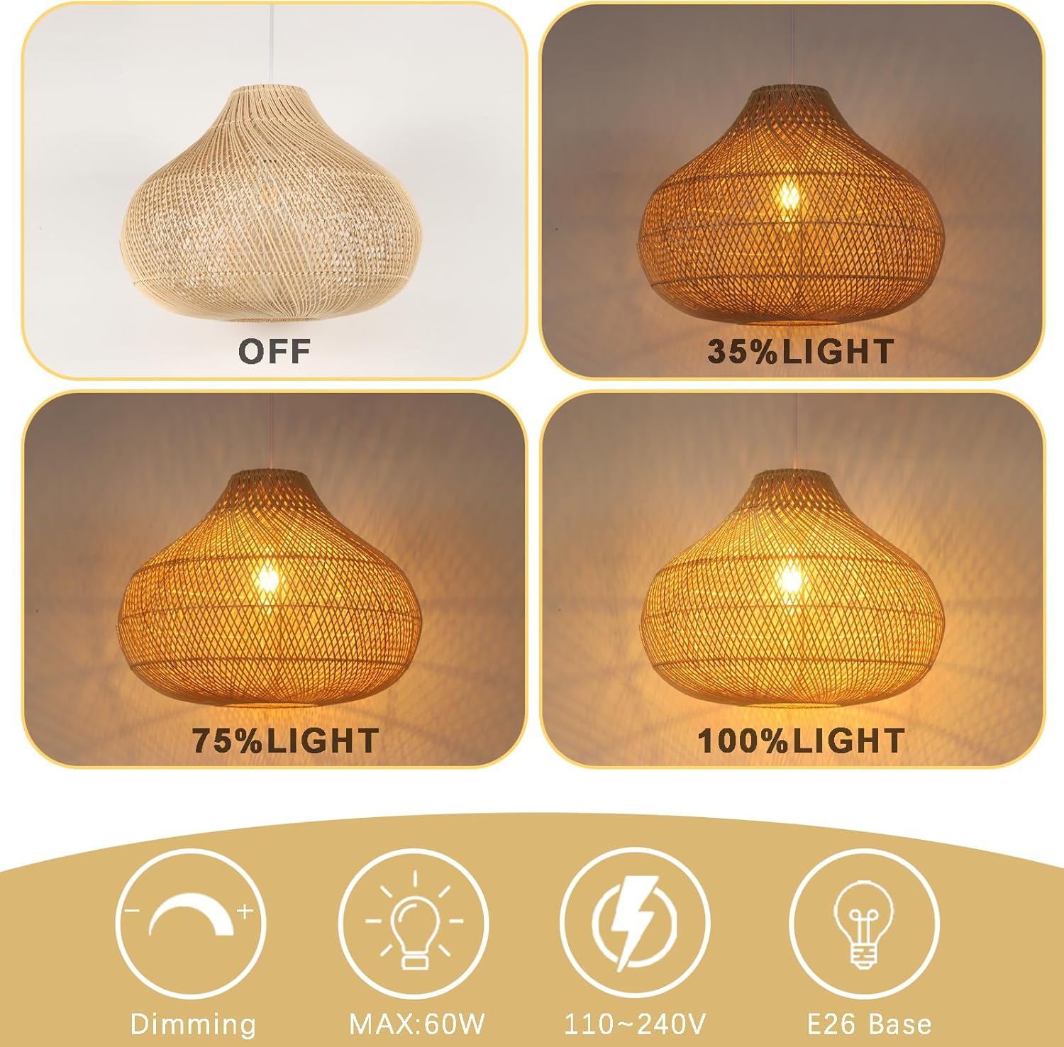 Large Rattan Pendant Light, 19.7" Rattan Boho Wicker Chandelier Hand-Woven Basket Pendant Light Fixtures for Dining Room Kitchen Island Living Room