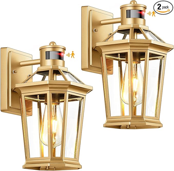 VIANIS Outdoor Wall Lights Lantern, 2 Pack Gold Motion Sensor Proch Light, Dusk to Dawn Weather Resistant Exterior Lights for House Sconce, Waterproof Garage Lights with Clear Glass Shade