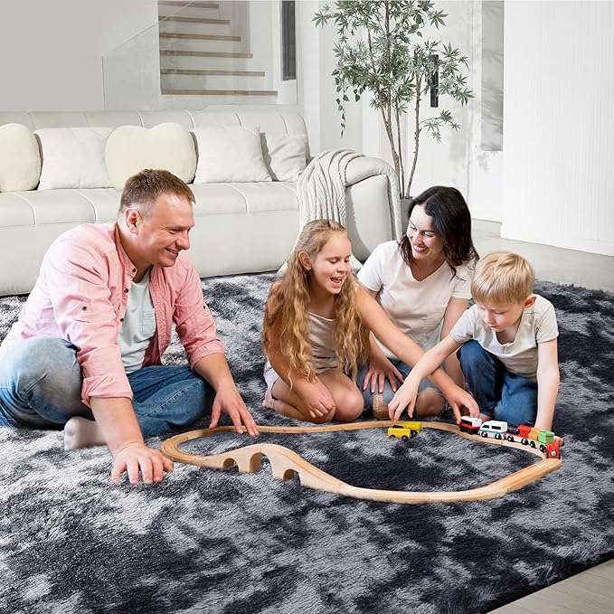 Ultra Soft Rug for Living Room, 6X9 Fluffy Shag Area Rug for Bedroom, Modern Shaggy Carpets Fuzzy Rug for Teens Dorm Nursery Home Decor Aesthetic, Upgrade Anti-Skid Durable, Tie Dye Black and Grey