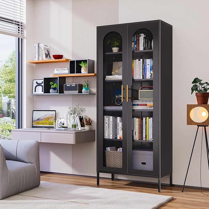 71" Tall Display Cabinet, 5-Tier Bookshelf with Doors & Adjustable Shelf, Modern Storage Cabinets Ideal for Book, Wine, Collectibles, Free Standing Bookcase for Home, Office, Living Room