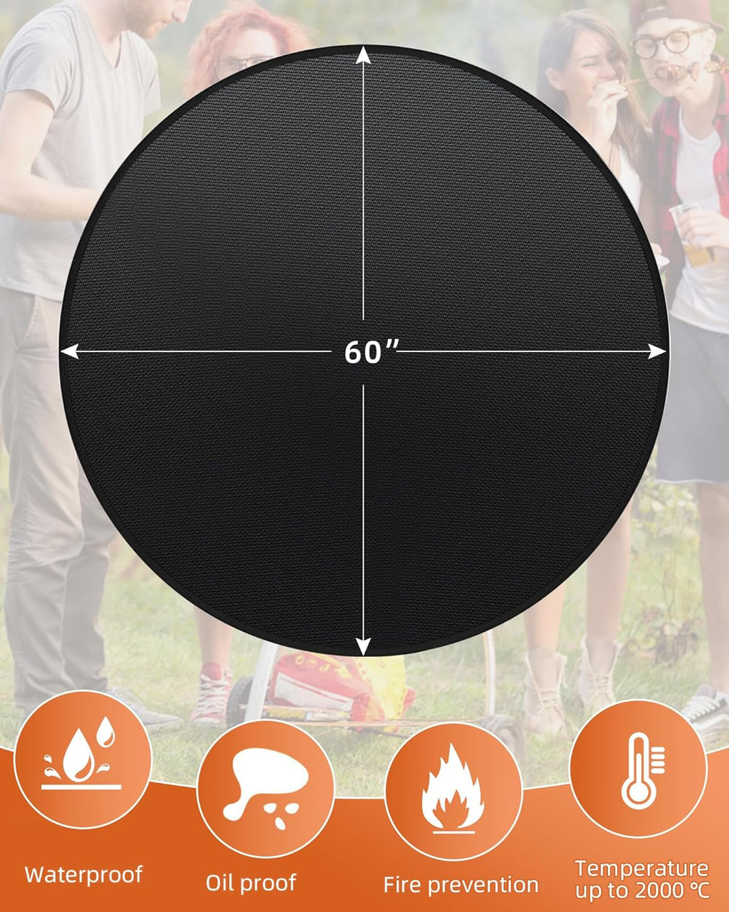 Round BBQ Grill Mat, 60 inches Double-Sided Fireproof Pad Waterproof Deck Protector for Indoor Outdoor Grilling