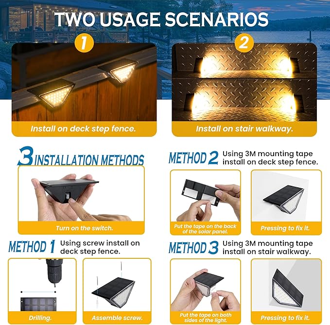 SOLPEX Solar Step Lights for Outside, 24 LEDs Solar Stair Lights Outdoor Waterproof Decor for Stair, Porch, Step, Deck, Fence, Front Door, Balcony, Patio, Wall, Yard, Garden(6 Pack, Warm White)