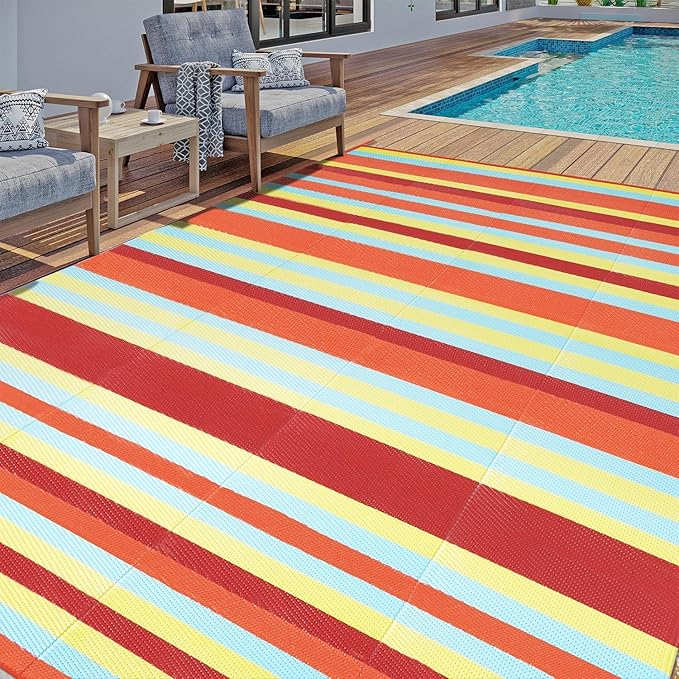 Outdoor Waterproof Rug 6'x9' Plastic Straw Rugs Washable Reversible Floor Mat Rainbow Stripe Carpet for Camping RV Deck Entryance Porch Picnic Balcony Beach Backyard