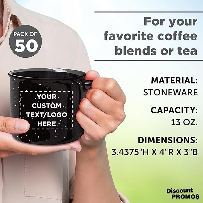 DISCOUNT PROMOS Custom Ceramic Campfire Coffee Mugs 13 oz. Set of 50, Personalized Bulk Pack - Perfect for Tea, Espresso, Cappuccino, Hot Cocoa - Black