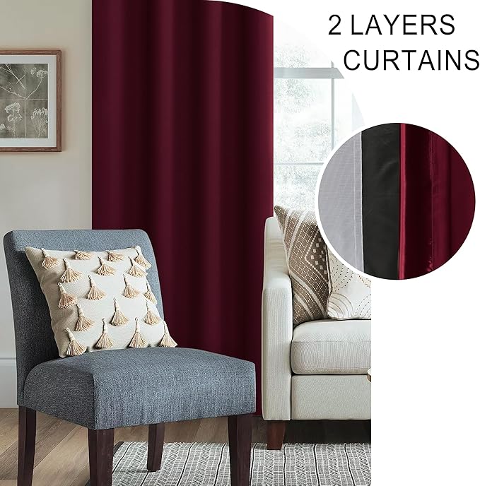 XWZO 100% Blackout Curtains with Tiebacks - Heat and Light Blocking Rod Pocket Window Drapes with Black Liner Backing for Bedroom Sewn with Tiebacks, Burgundy, W52 x L72, Set of 2
