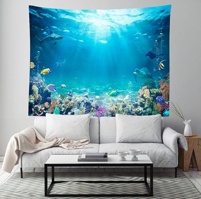 Loccor Underwater World Tapestry Blue Ocean Wall Hanging Under the Sea Coral Reef Wall Tapestry 140x98 Inches Tropical Fish Tank Undersea Tapestries Marine Wall Art for Bedroom Living Room Dorm Decor