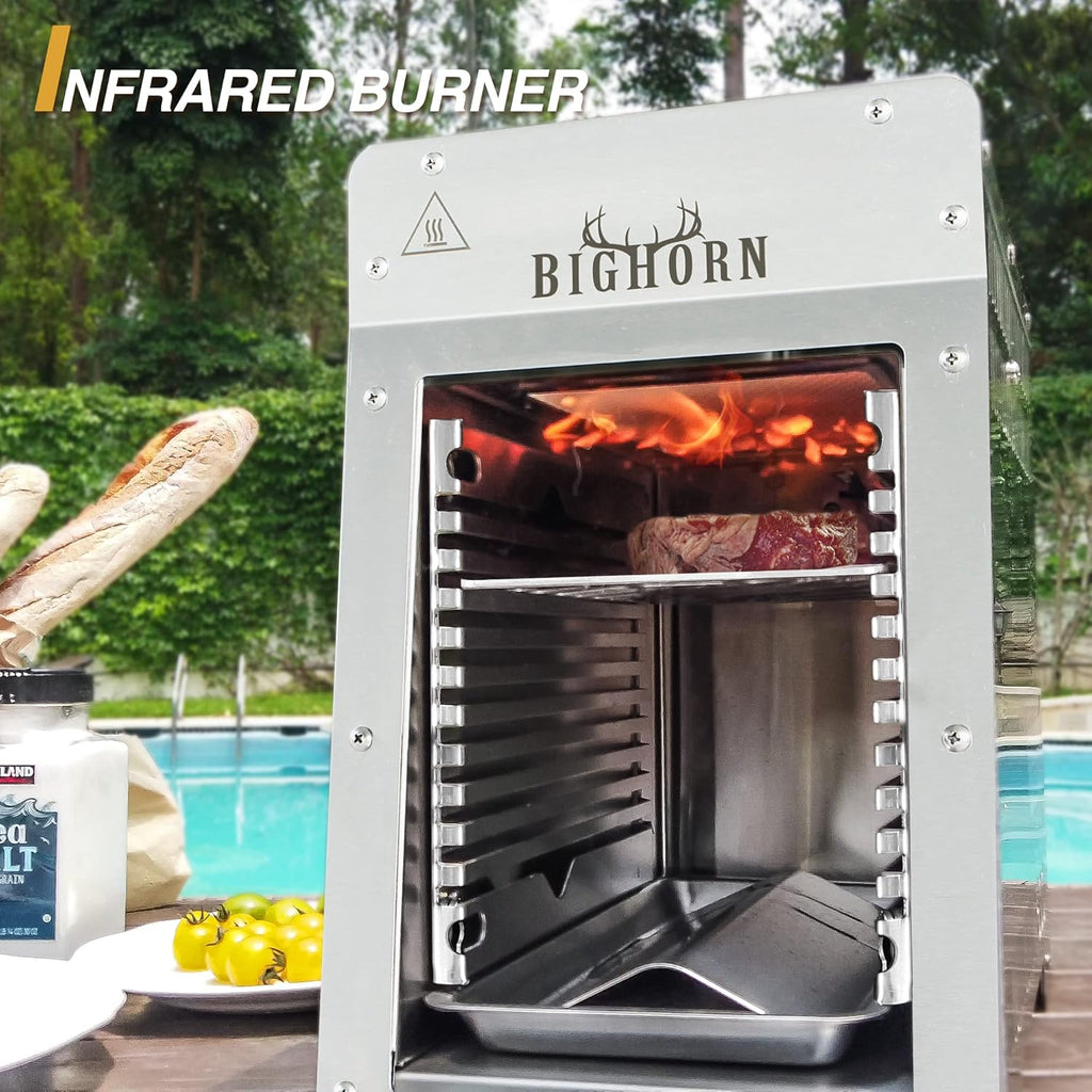 BIG HORN OUTDOORS Portable Infrared Broiler Propane Gas Grill, 1500 Degree Stainless Steel Tabletop Quick Cooking Steak Grill for Meat, Seafood, Veggies