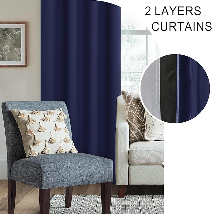 XWZO 100% Blackout Curtains 2 Panels with Tiebacks- Heat and Full Light Blocking Window Panels for Bedroom, 84 Inches Long Rod Pocket Thermal Insulated Draperies, Navy Blue, W70 x L84, Set of 2