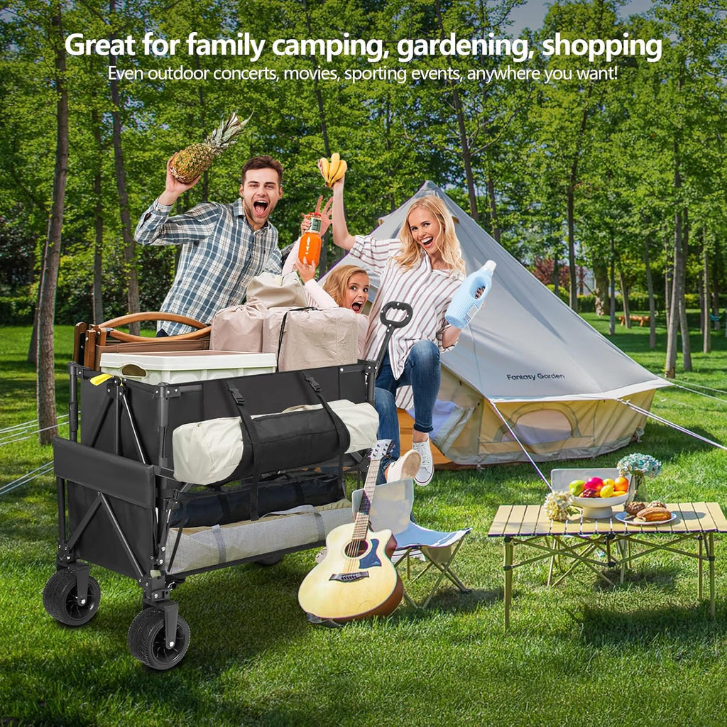 Double Decker Wagon Heavy Duty Collapsible, 600LBS 400L Capacity Foldable Utility Cart with Big Wheels for Beach, Outdoor, Camping & Gardening, Durable Steel Frame