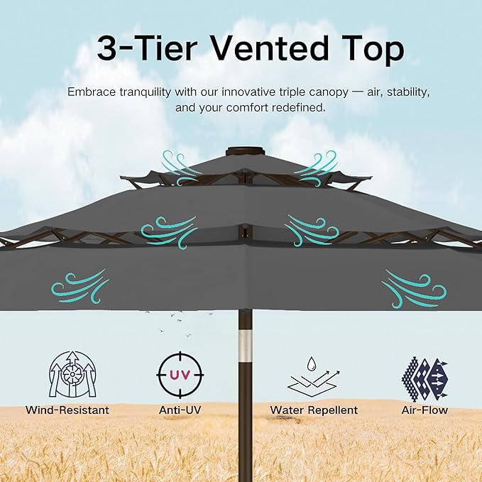 Kingdura 10ft 3-Tier Patio Umbrella, Outdoor Table Umbrella with Easy Crank & Tilt, 8 Reinforced Ribs, UV Protection for Deck, Pool, Market, Backyard (Grey)