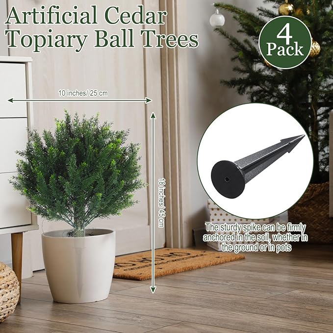 Yunlly 2 Pcs Artificial Cedar Topiary Ball Fake Tree 18" Bush Front Porch Decor Artificial Shrubs for Outdoors Faux Cypress with Ground Spike, Evergreen Plants for Indoor Garden Patio, UV Resistance