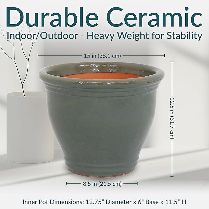 Sunnydaze 15" Large Ceramic Plant Pot - Round Outdoor Glazed Ceramic Planter Pot with Drainage - Gray - Studio