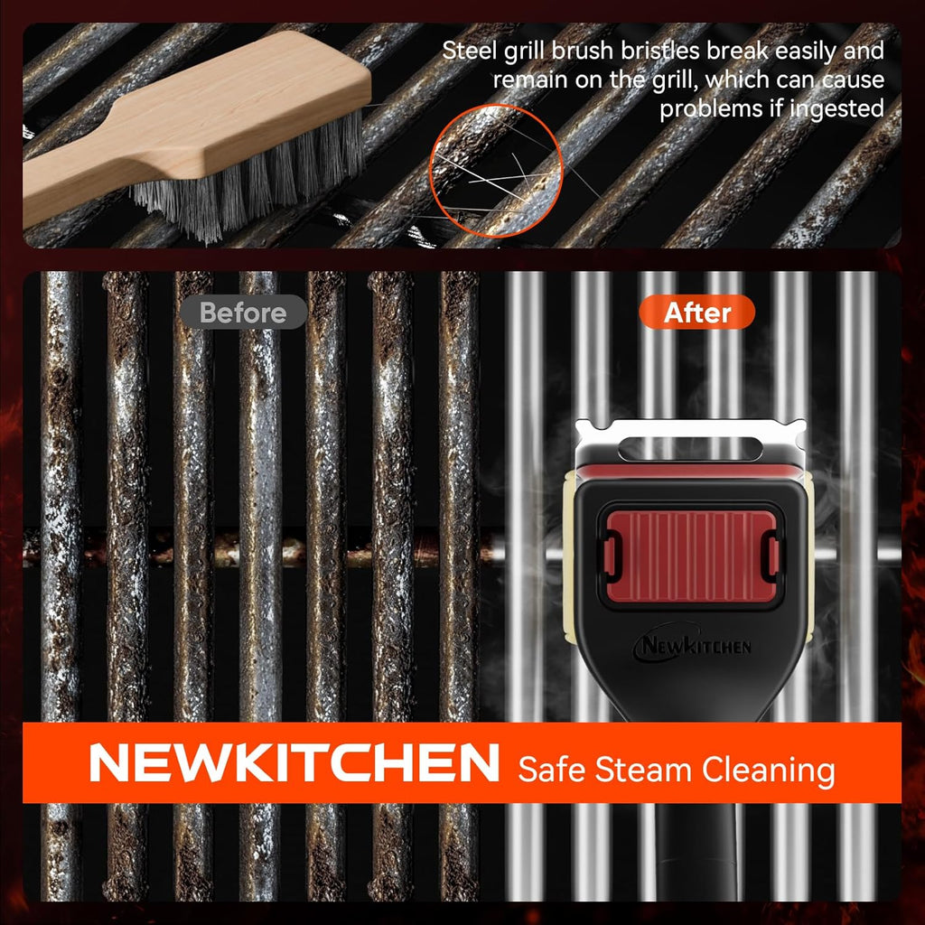 Grill Brush Bristle-Free Steam Cleaning, BBQ Brush Replaceable Heat-Resistant Kevlar Head with Grill Scraper Safe Barbecue Grill Cleaner