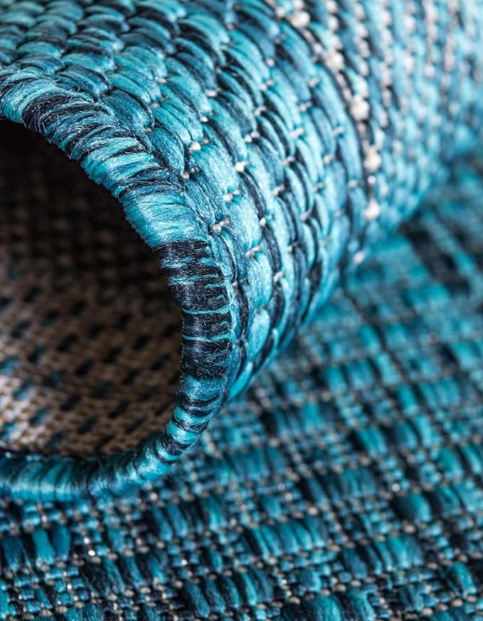 Unique Loom Outdoor Border Collection Area Rug - Soft Border (5' 1" Round, Teal/ Ivory)