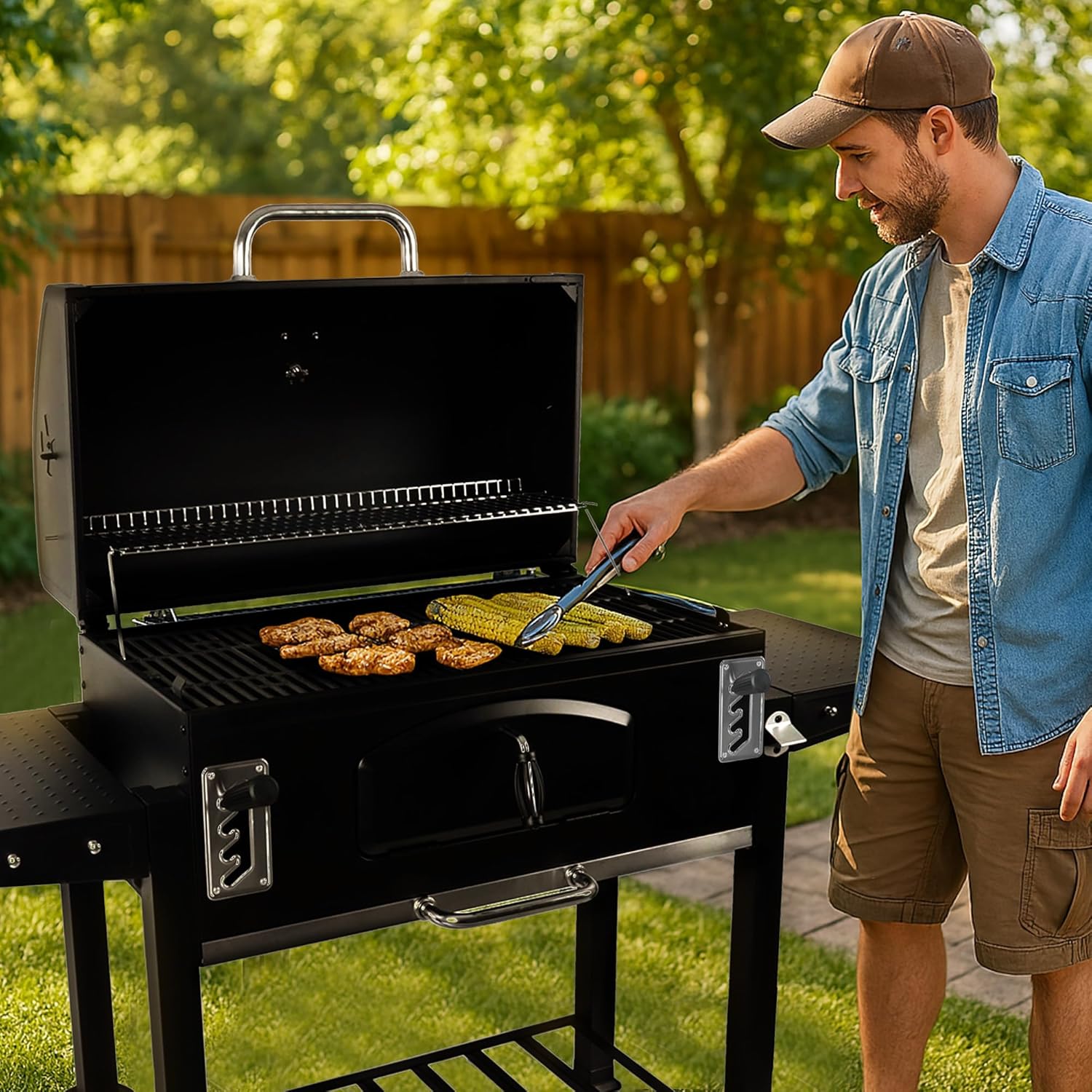 Grill Boss Charcoal Grill with Large 32-Inch Cooking Area - Includes Warming Rack, Side Shelves, Bottom Storage and Wheels for Outdoor BBQ, Tailgating, Camping & Backyard Grilling
