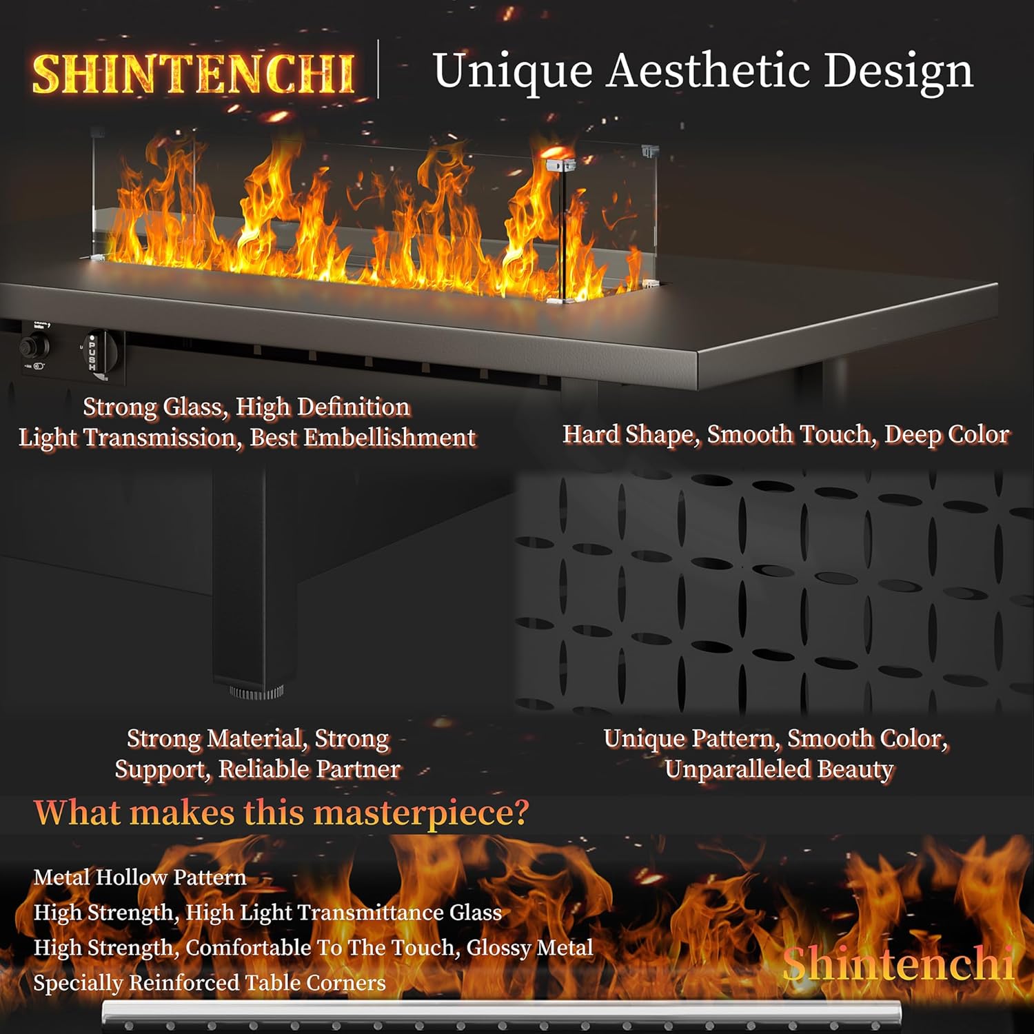 Shintenchi 43 Inch Fire Pit Table, 50,000 BTU Outdoor Propane Fire Table, Outdoor Steel Propane Fire Pit with Lid and Lava Rock for Garden, Yard, Camping, Pool Use, Black