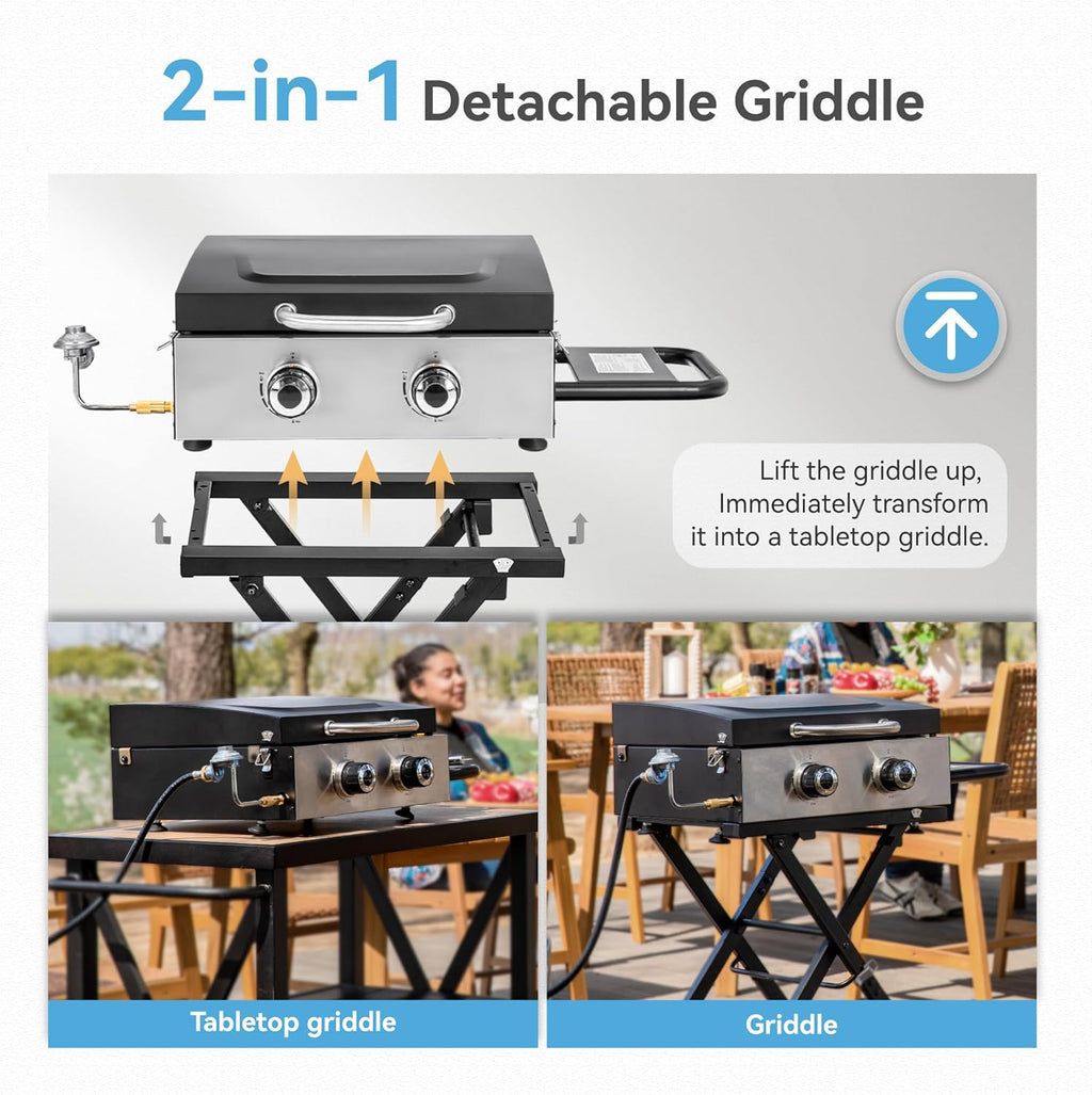 GREEN PARTY 2 Burner BBQ Propane Gas Griddle with Collapsible Stand, 18 Inch Portable Griddle with Side Table & 253 Sq. In. Cooking Area, Flat Top Gas Grill for Outdoor Cooking Garden Patio Backyard