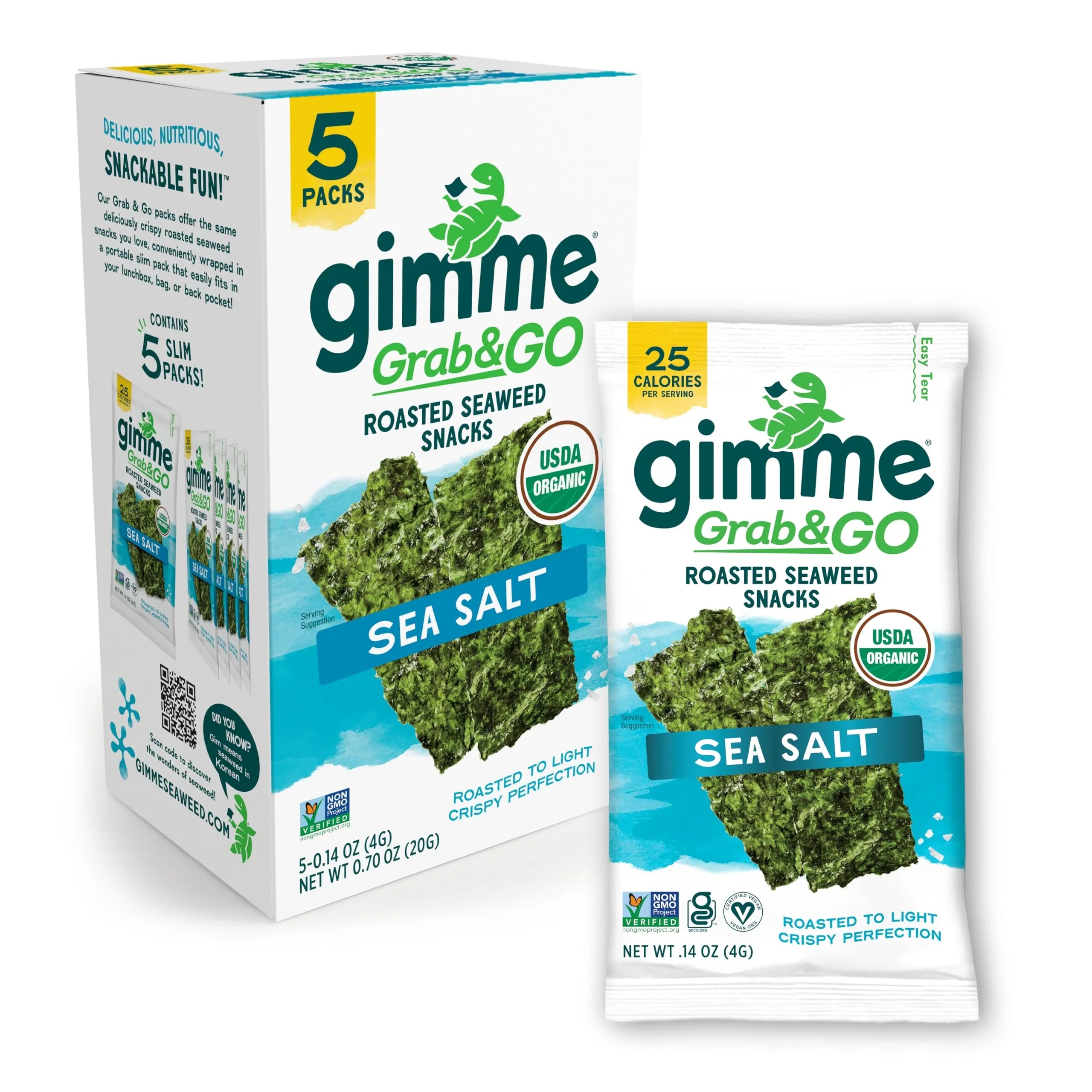 Gimme Organic Roasted Seaweed Snacks, Original Sea Salt, 0.14 oz, 5-Pack, Case of 6