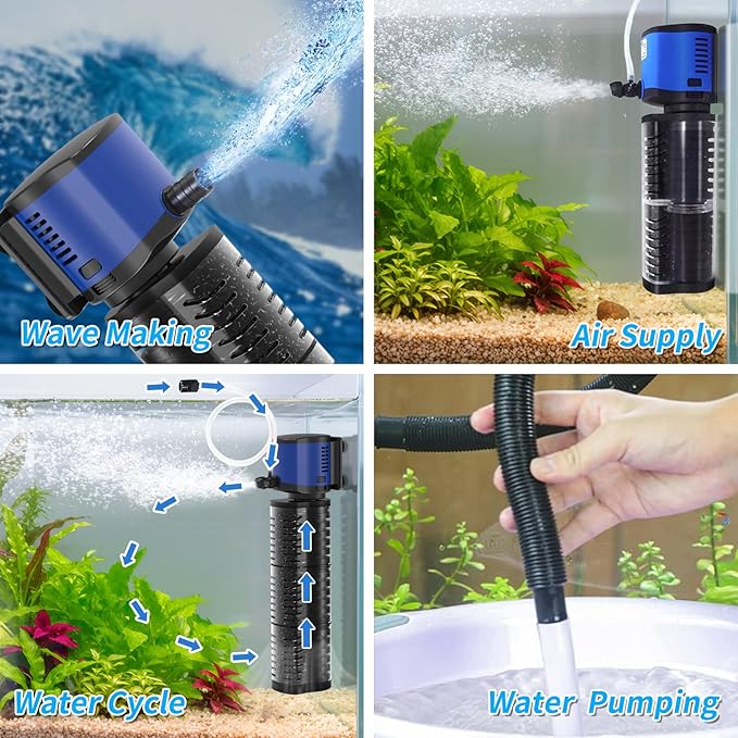 TARARIUM Aquarium Filter Pond Pump 660GPH for 75-300 Gallon Fish Tank, 8ft. High Lift Dry Burning Protection Biochemical Submersible Internal Powerful Pump 4 in 1, Saltwater Freshwater Large