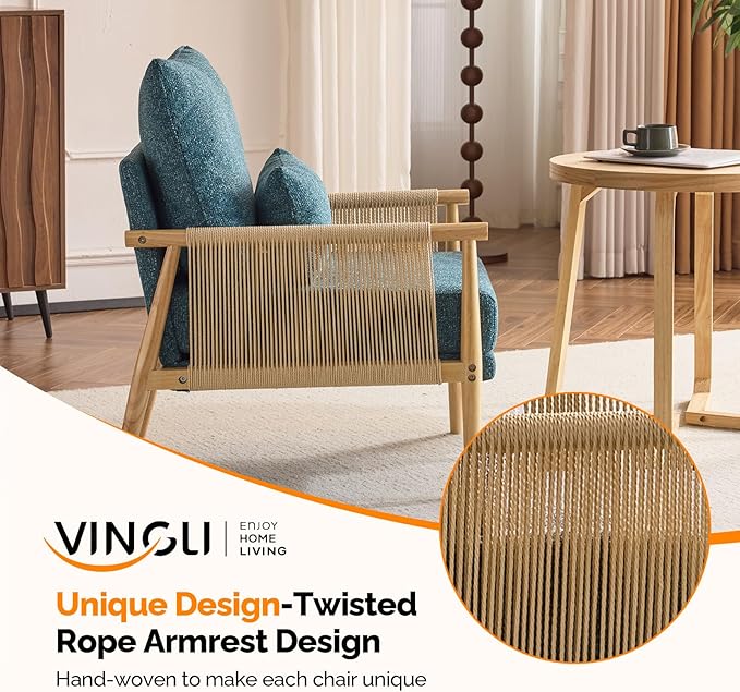 VINGLI Boho Braid Accent Armchairs Set of 2,Mid-Century Modern Chiars with Solid Wooden Armrest,Comfy Louge Cushion Chairs with Waist Pillow for Bedroom,Living Room,Reading Room, Teal