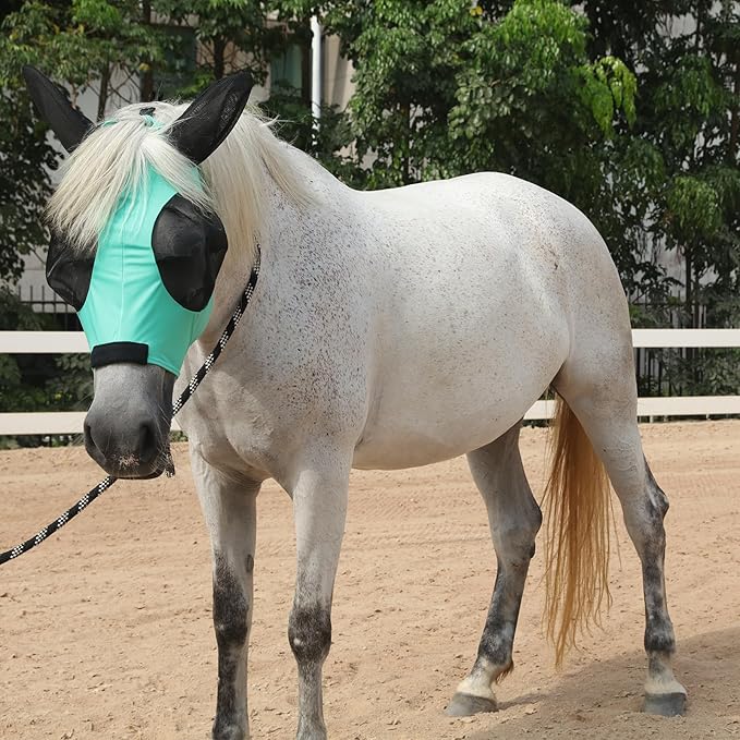 Horse Fly Mask with Ears - Large Eye Space for Full Vision, Breathable Stretch Comfort Fit, UV Protection, Forelock Opening, Easy Pull-On Green Pony