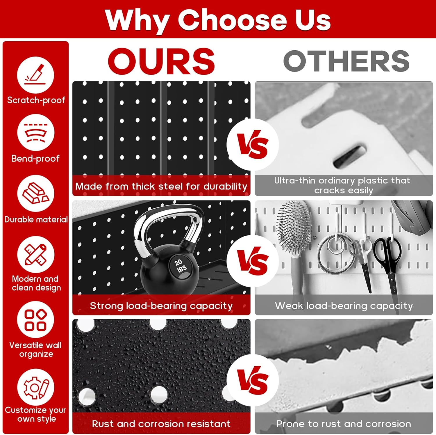 Pegboard Panels 8 Packs Metal Black, Heavy Duty Steel Peg Boards Wall Tool Organizer with Screw for Garage, Tool Storage, Office Organization, Craft Room, Kitchen