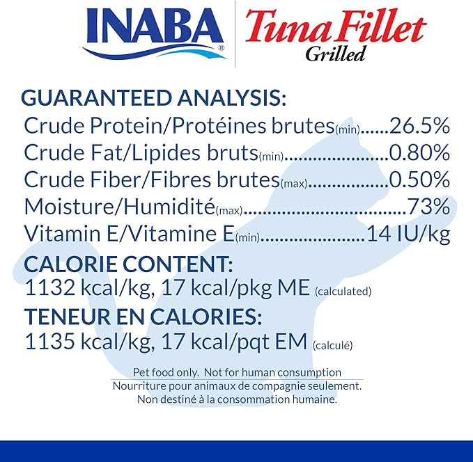 INABA Premium Hand-Cut Grilled Tuna Fillet Cat Treats/Topper with Vitamin E and Green Tea Extract, 0.52 Ounces Each, Pack of 6, Crab Broth