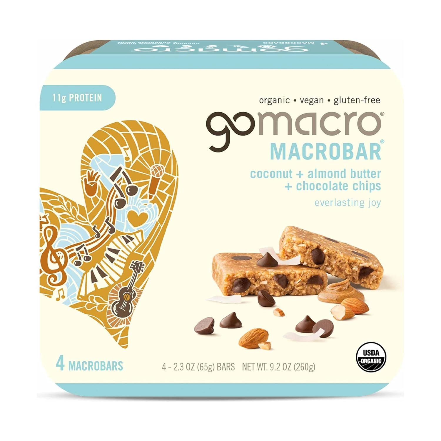 GoMacro Organic MacroBar, Coconut + Chocolate Chip + Almond Butter, 2.3 oz, 4-Bar Box, Case of 7