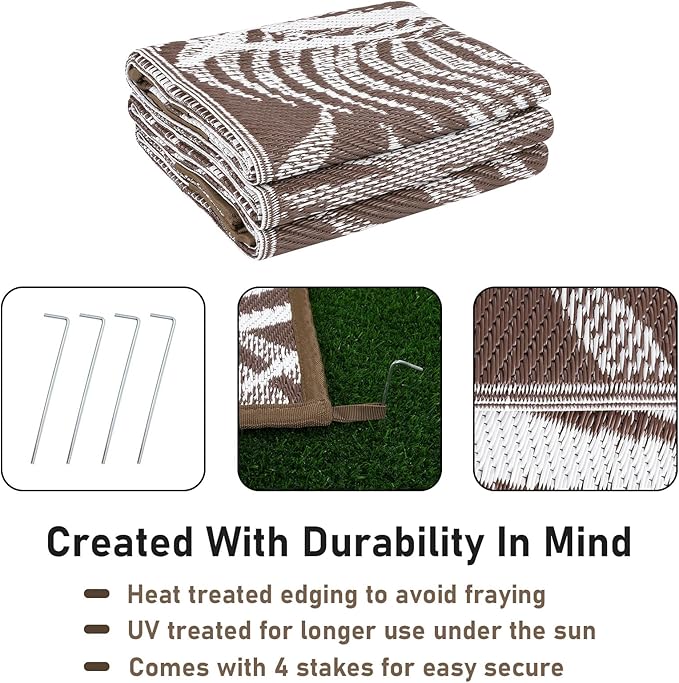 HiiARug Outdoor Rug 6x9Ft Outdoor Plastic Straw Rug Waterproof Outdoor Rugs for Patios Clearance Large Reversible Patio Mat Outdoor Area Rug for Patios Deck Beach RV Camper Backyard,Brown&White