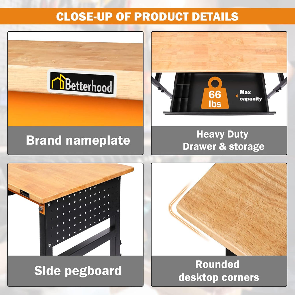 60" Adjustable Workbench for Garage, Rubber Wood Shop Table W/Wheels & Double Pegboards & Drawer, 2000 LBS Load Capacity Hardwood Worktable for Workshop, Garage, Office, Home, Commercial