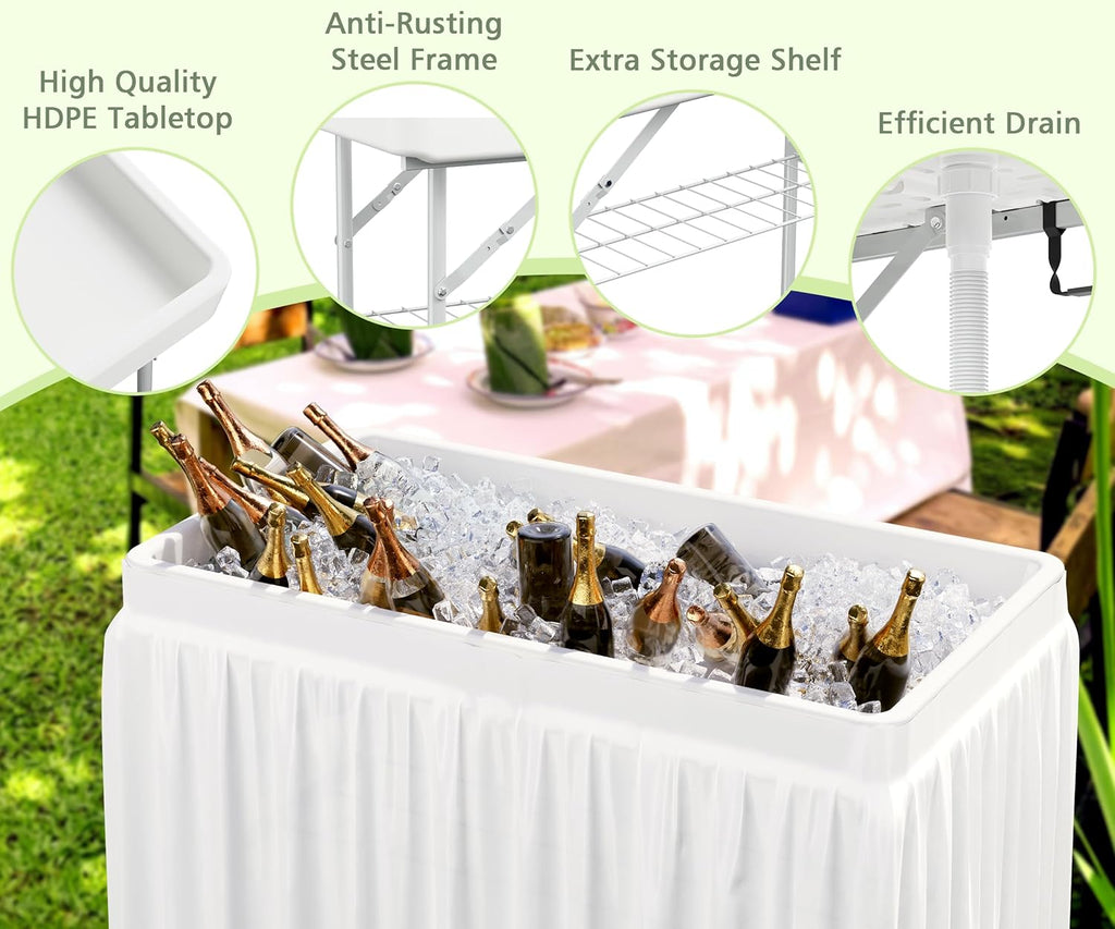 4 Foot Ice Cooler Table with Matching Skirt & Drain Hose, with Iron Stand, Portable Patio Outdoor Chilling Table Portable Bar for Events for Party, Picnic, BBQ, Camping (White)