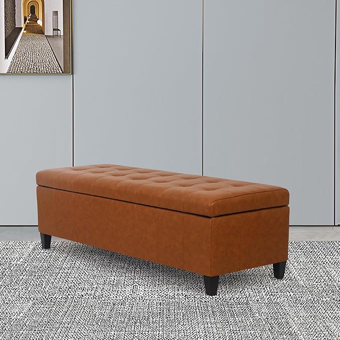 Joveco 51 Inch Storage Ottoman Bench,Tufted Leather Storage Bench for Bedroom (51”,Dark Orange)