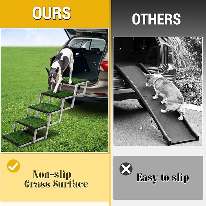 Extra Wide Dog Stairs for Car, Portable Folding Dog Steps for Large Dogs with Non-Slip Grass Rug for Cars, SUV, Trucks, Lightweight Pet Ramps Supports Up to 200 lb, 5 Steps