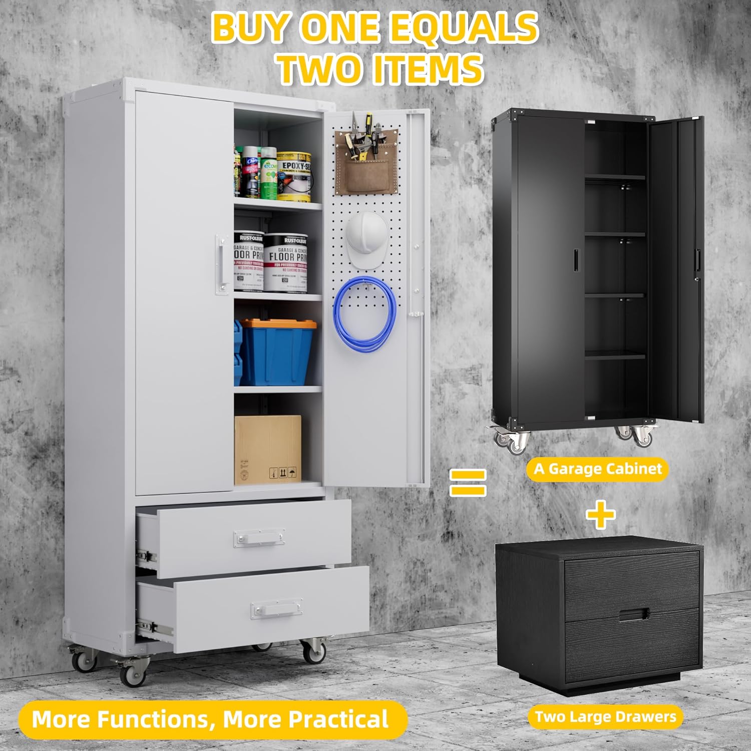 Aobabo 2 Large Drawer Metal Storage Cabinet with Wheels, Lockable Steel Storage Cabinet with 3 Adjustable Shelves with 6 Hooks for Home, Office, Garage, Classroom, White, Assembly Required