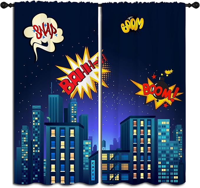 Superhero Rod Pocket Blackout Curtains for Boy Girl Bedroom, Cartoon Skyline Buildings Cityscape Thermal Insulated Home Window Drapes for Living Room Darkening, 55x63 inch