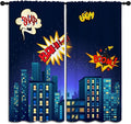 Superhero Rod Pocket Blackout Curtains for Boy Girl Bedroom, Cartoon Skyline Buildings Cityscape Thermal Insulated Home Window Drapes for Living Room Darkening, 84x72 inch