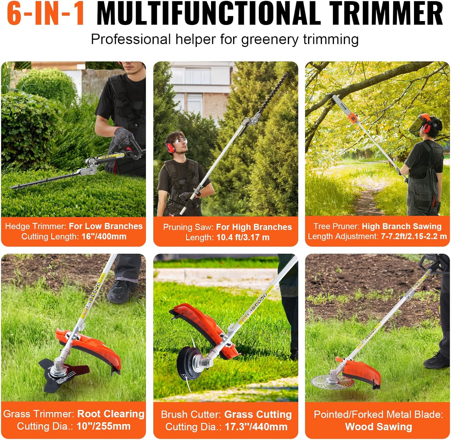 VEVOR 52cc Gas-Powered 6-in-1 Multi-Functional Trimmer - Hedge Trimmer, Brush Cutter, Weed Eater, Edger, Pole Saw & Chainsaw Pruner, EPA, CE & EMC Certified